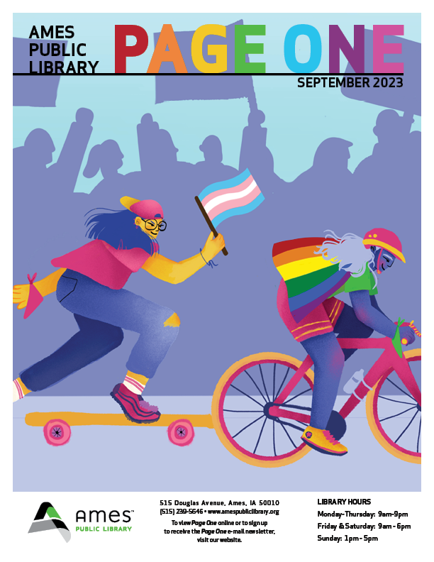 September Page One Cover with colorful graphic of a skateboarder holding a transgender pride flag and a bicycler with a rainbow cape
