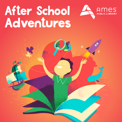 After School Adventures image with child, rocket, ship, and more bursting out of book