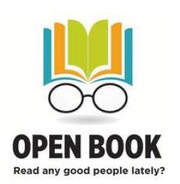 an open book with glasses below it and text reading: Open Book, Read any good people lately?