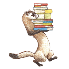 Black-footed Ferret holding stack of books